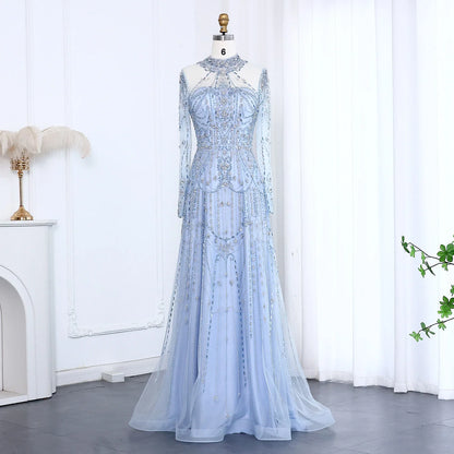 Blue Long Sleeves High Neck Luxury Evening Dress