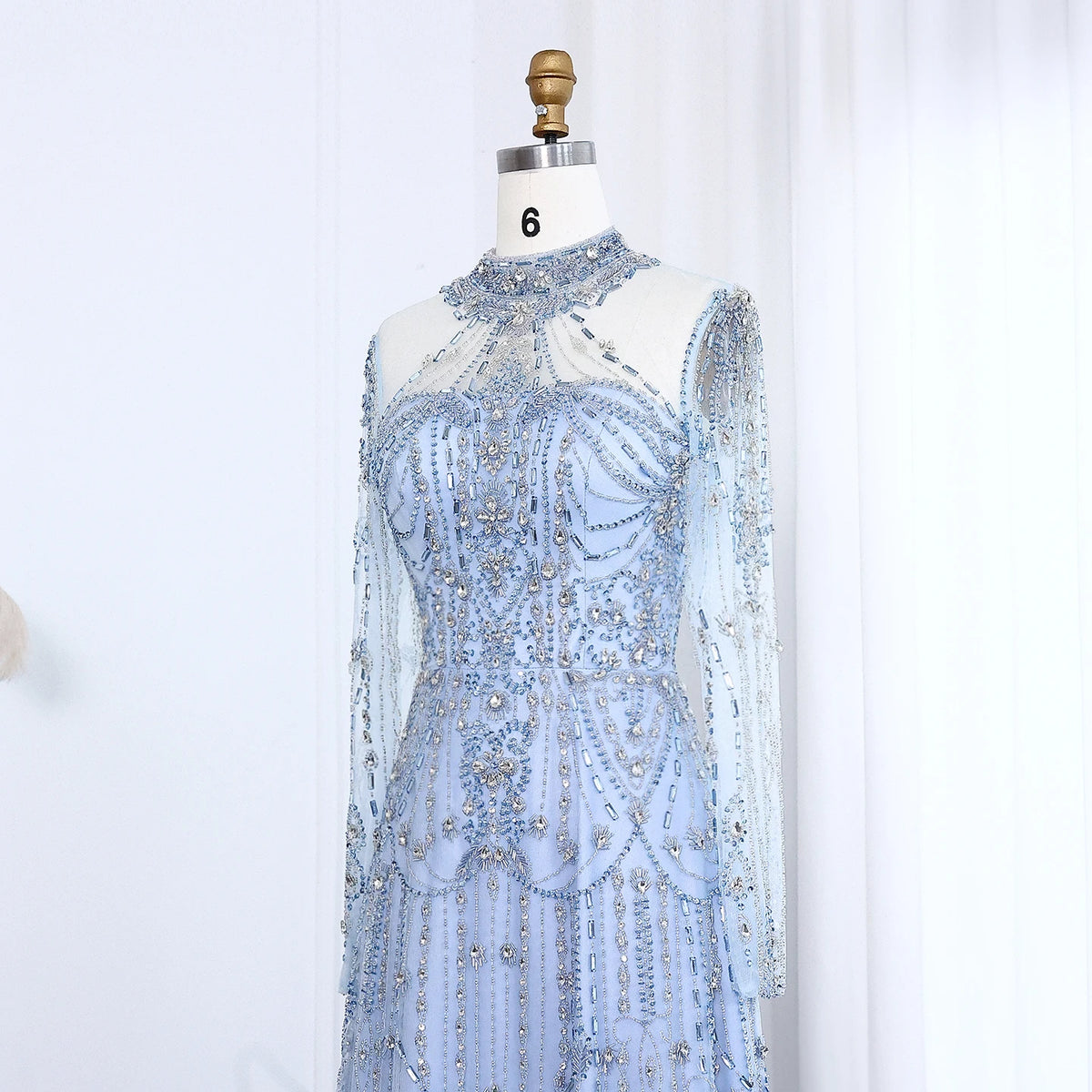 Blue Long Sleeves High Neck Luxury Evening Dress