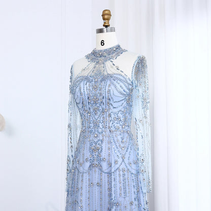 Blue Long Sleeves High Neck Luxury Evening Dress