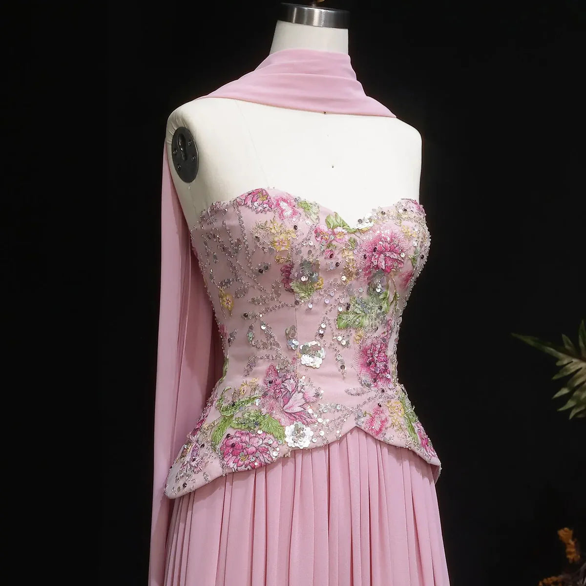 Luxury Form-Fitting Gown with Draped Scarf Train and Crystal-Floral Bodice