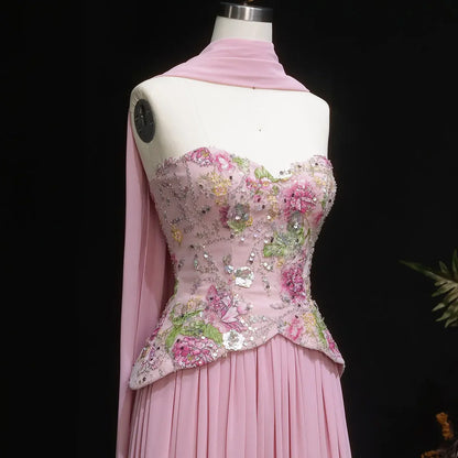 Luxury Form-Fitting Gown with Draped Scarf Train and Crystal-Floral Bodice