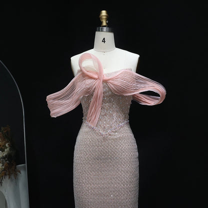 Luxury Off Shoulder Blush Pink Chic Evening Dress