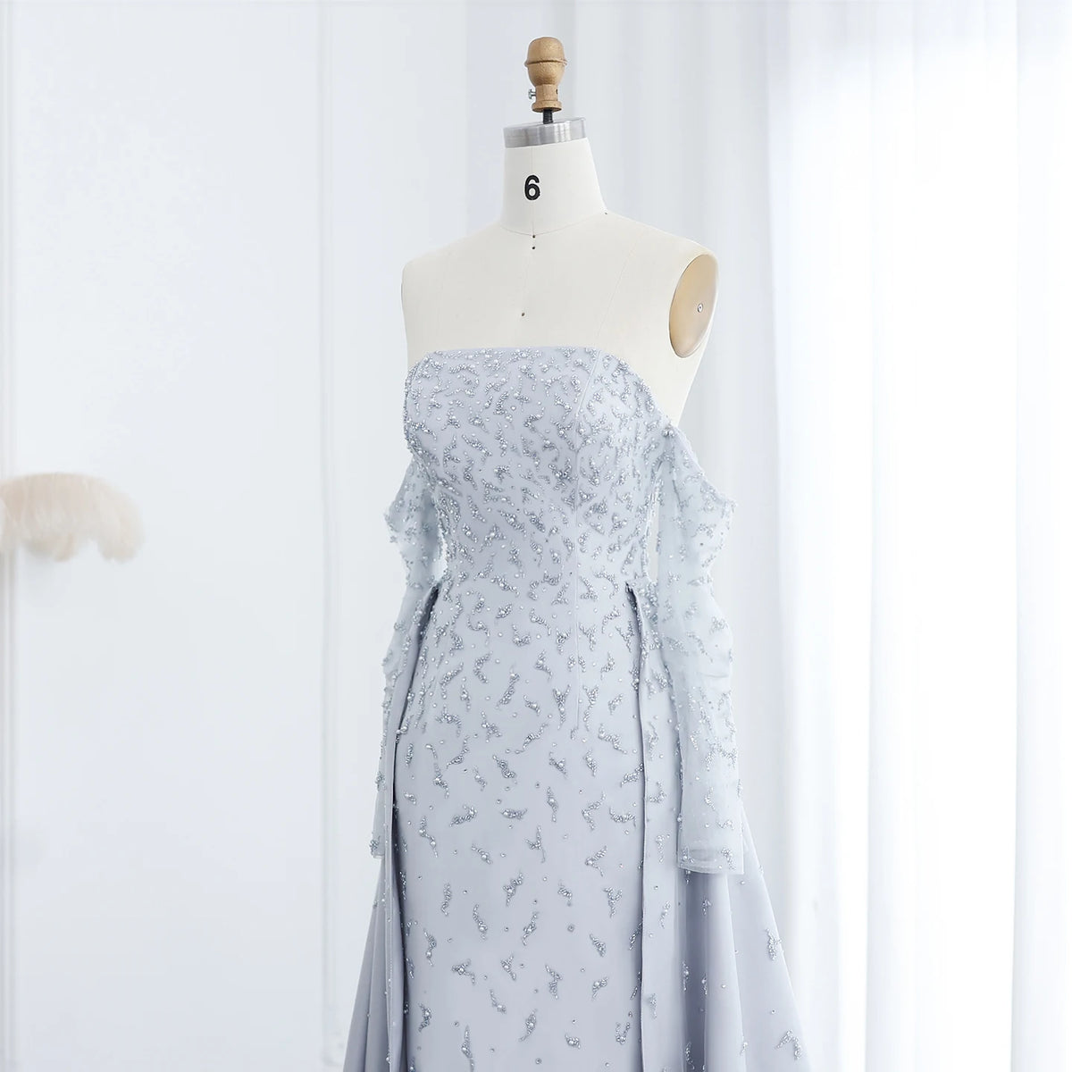 Silver Gray Luxury Evening Dress with Overskirt