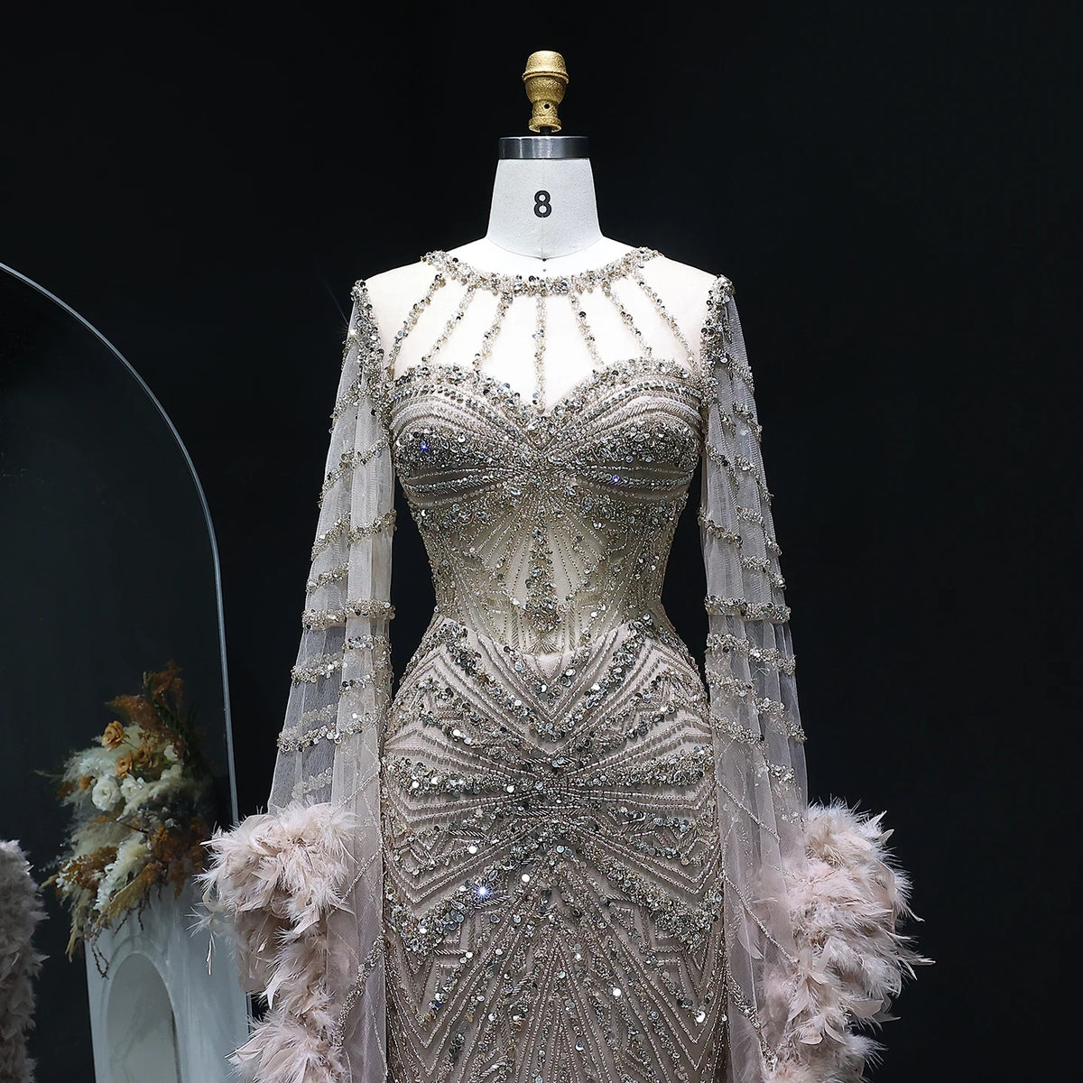 Luxury Caramel Beaded Mermaid Evening Dress with Feather Cape Sleeves