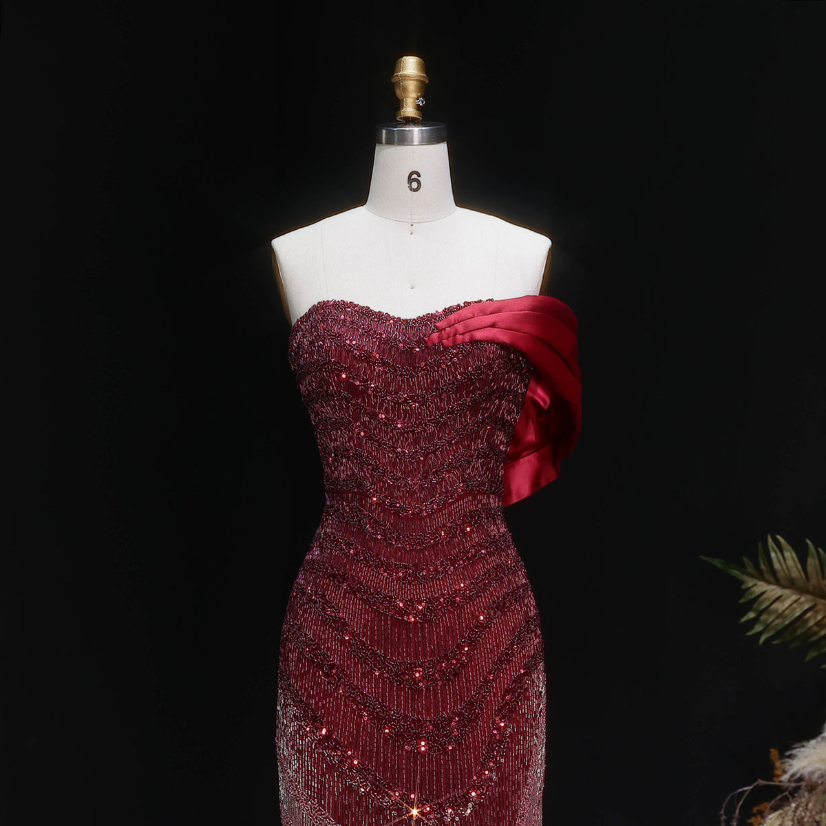 Ombre Beaded Fringe Gown with Satin Drape Train