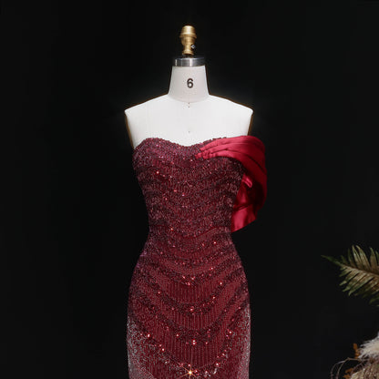 Ombre Beaded Fringe Gown with Satin Drape Train