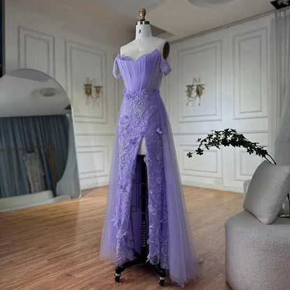 “Amethyst Bloom” Off-Shoulder Embellished Evening Gown with Side Slit