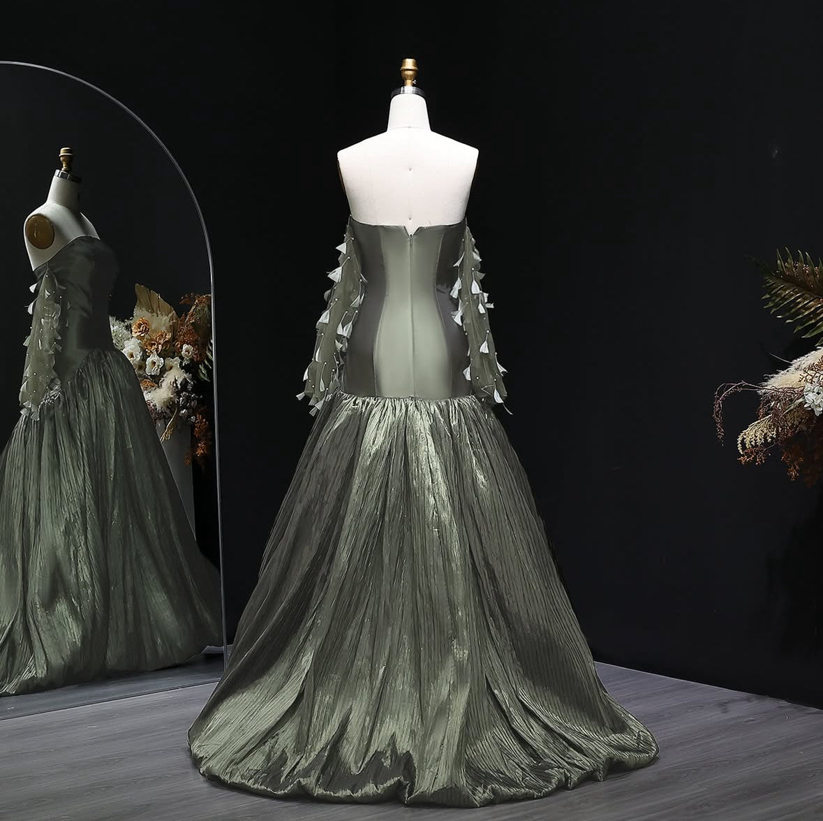 “Olive Glint” Strapless Gown with Sheer Gloves and Crinkled Metallic Skirt