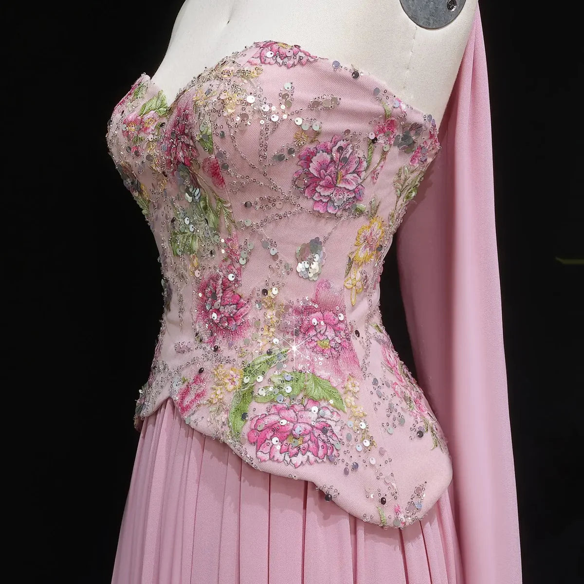 Luxury Form-Fitting Gown with Draped Scarf Train and Crystal-Floral Bodice