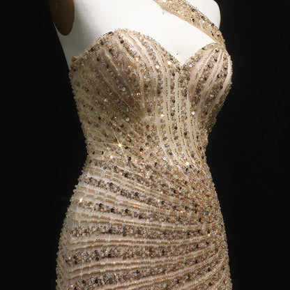“Golden Flare” Gown Sculpted Sparkle with Luxe Beading