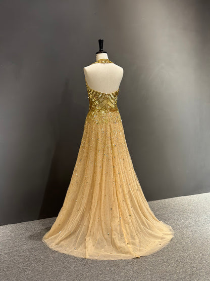 Hand-Embroidered Gold Halter Tulle Couture Gown