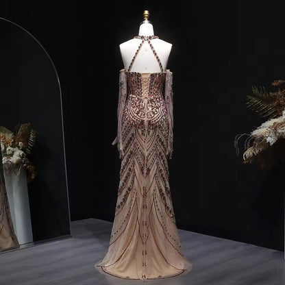 Crystal Embellished Gown with Draped Crystal Gloves and High Neck Cutout Detail