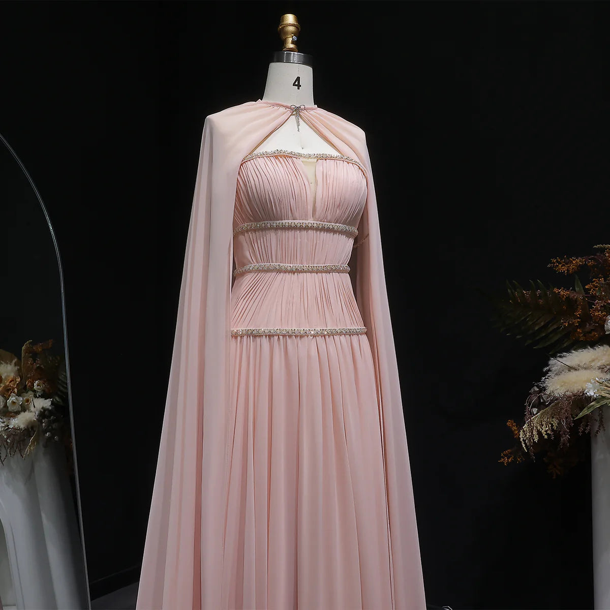 Crystal-Trimmed Cape Evening Dress