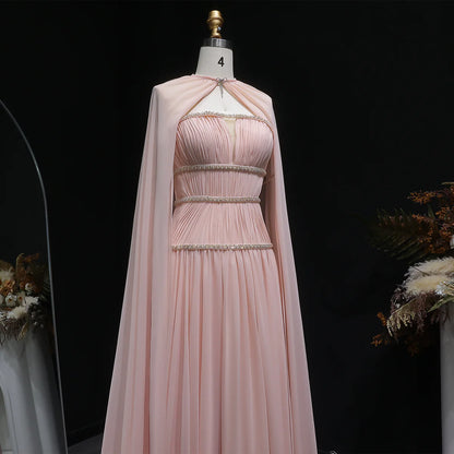 Crystal-Trimmed Cape Evening Dress