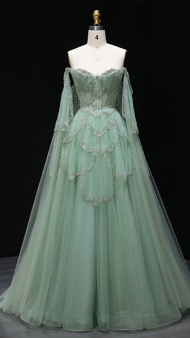 ‏Luxury Sage Green Off-Shoulder Evening Gown with Cape Sleeves