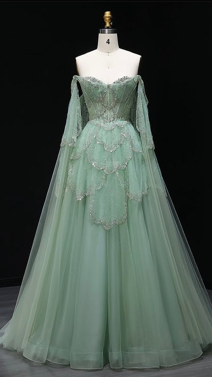 ‏Luxury Sage Green Off-Shoulder Evening Gown with Cape Sleeves