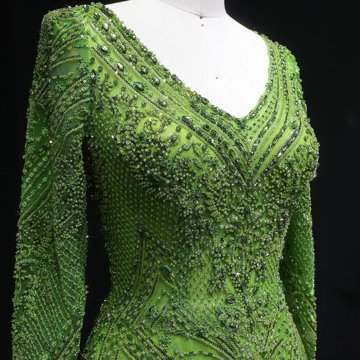 Lime Glow Full-Crystal Gown with Long Sleeves and V-Neckline