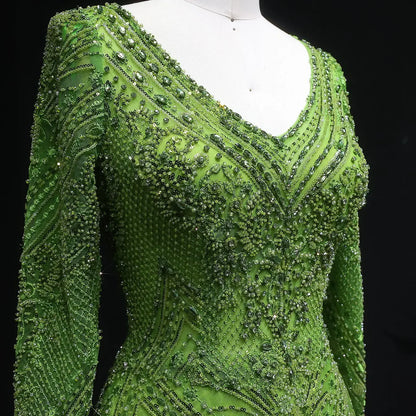 Lime Glow Full-Crystal Gown with Long Sleeves and V-Neckline
