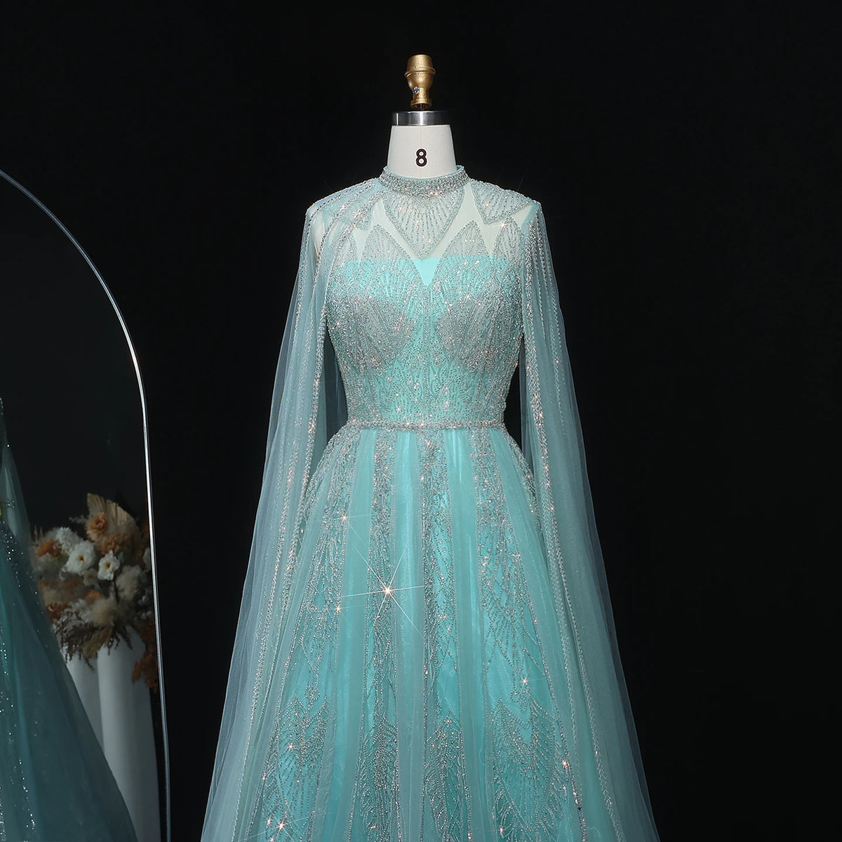 Luxury Evening Dress with Cape Sleeves Brown