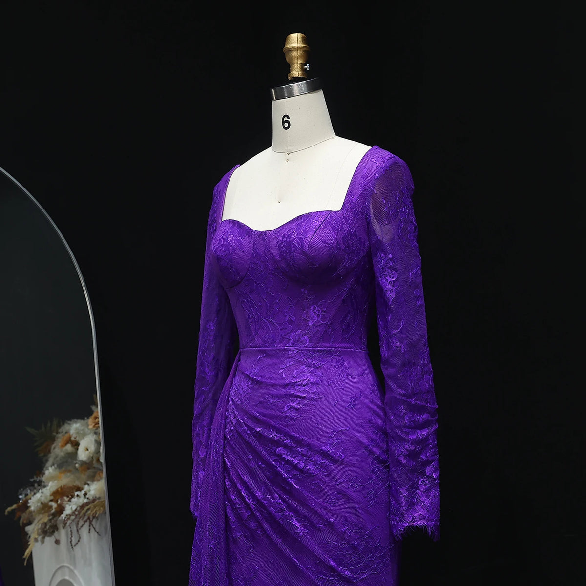Purple Lace Pleated with Long Sleeves Side Slit