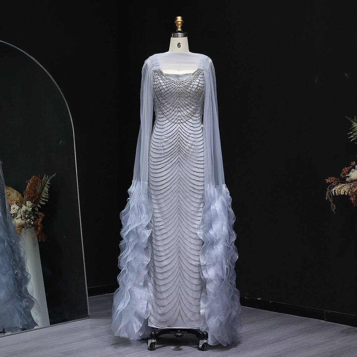 Luxury Beading Purple Evening Dress with Cape Sleeves