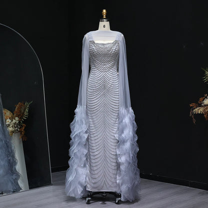 Luxury Beading Purple Evening Dress with Cape Sleeves
