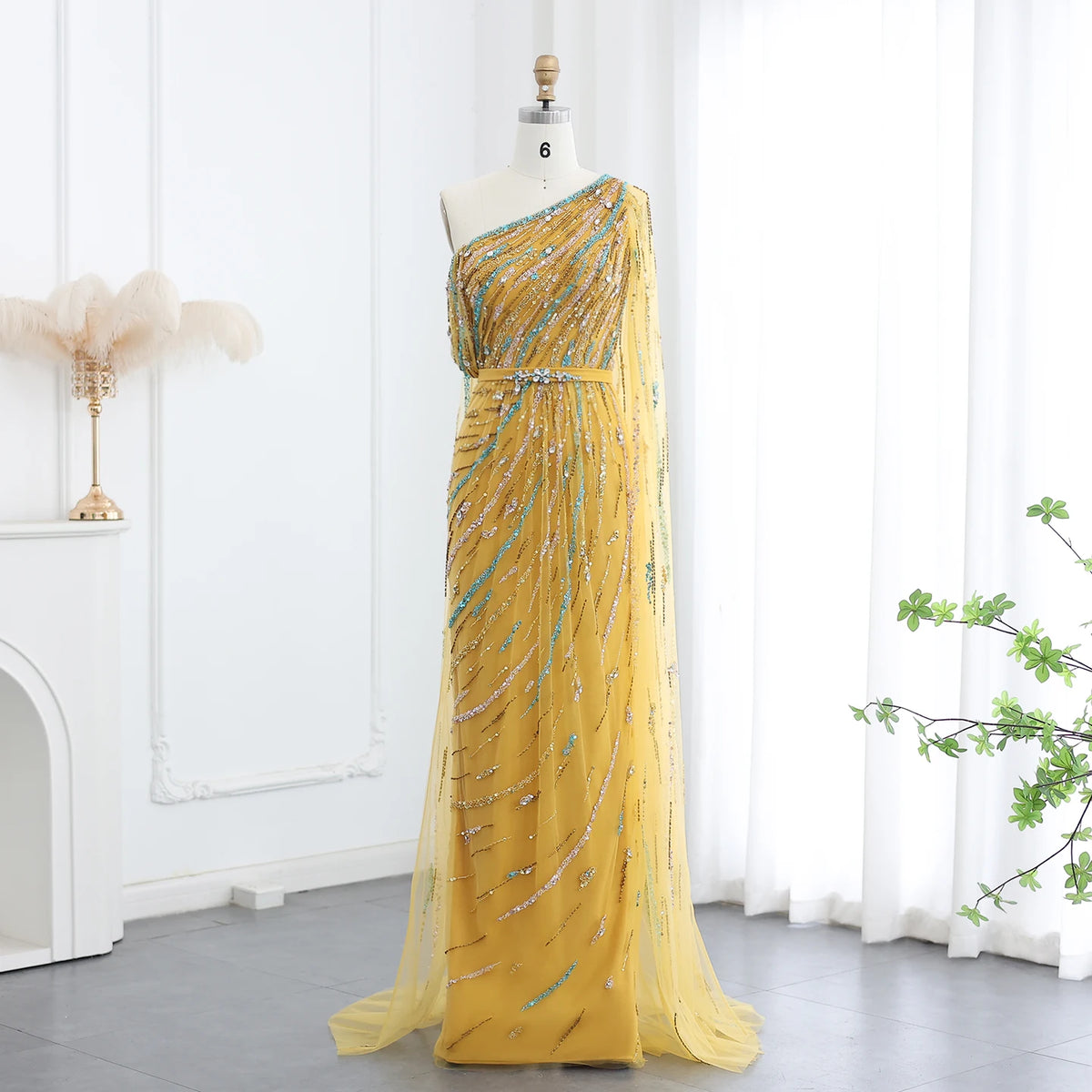 Luxury Gold Yellow Evening Dress with Cape One Shoulder