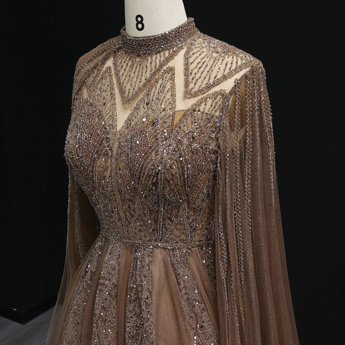 Luxury Evening Dress with Cape Sleeves Brown
