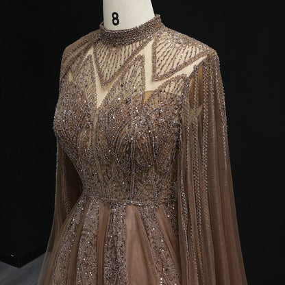 Luxury Evening Dress with Cape Sleeves Brown