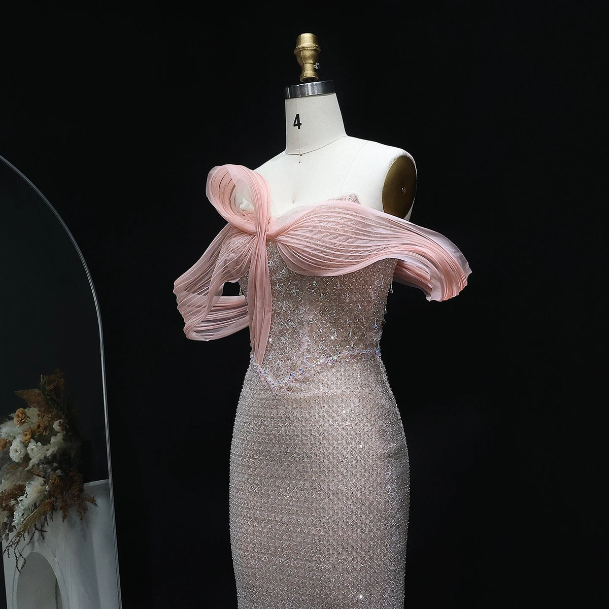 Luxury Off Shoulder Blush Pink Chic Evening Dress