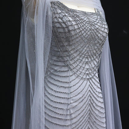 Luxury Beading Purple Evening Dress with Cape Sleeves