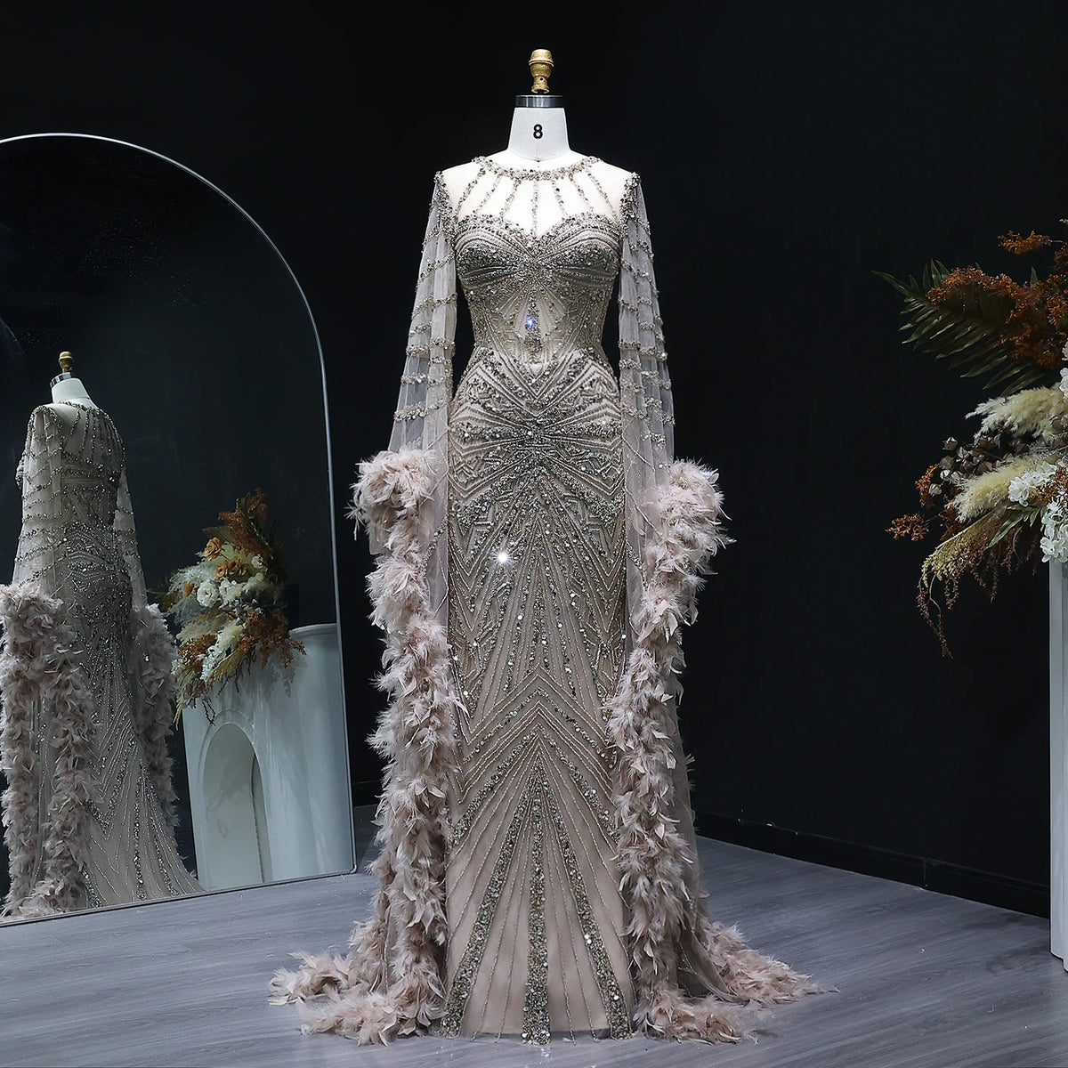 Luxury Caramel Beaded Mermaid Evening Dress with Feather Cape Sleeves