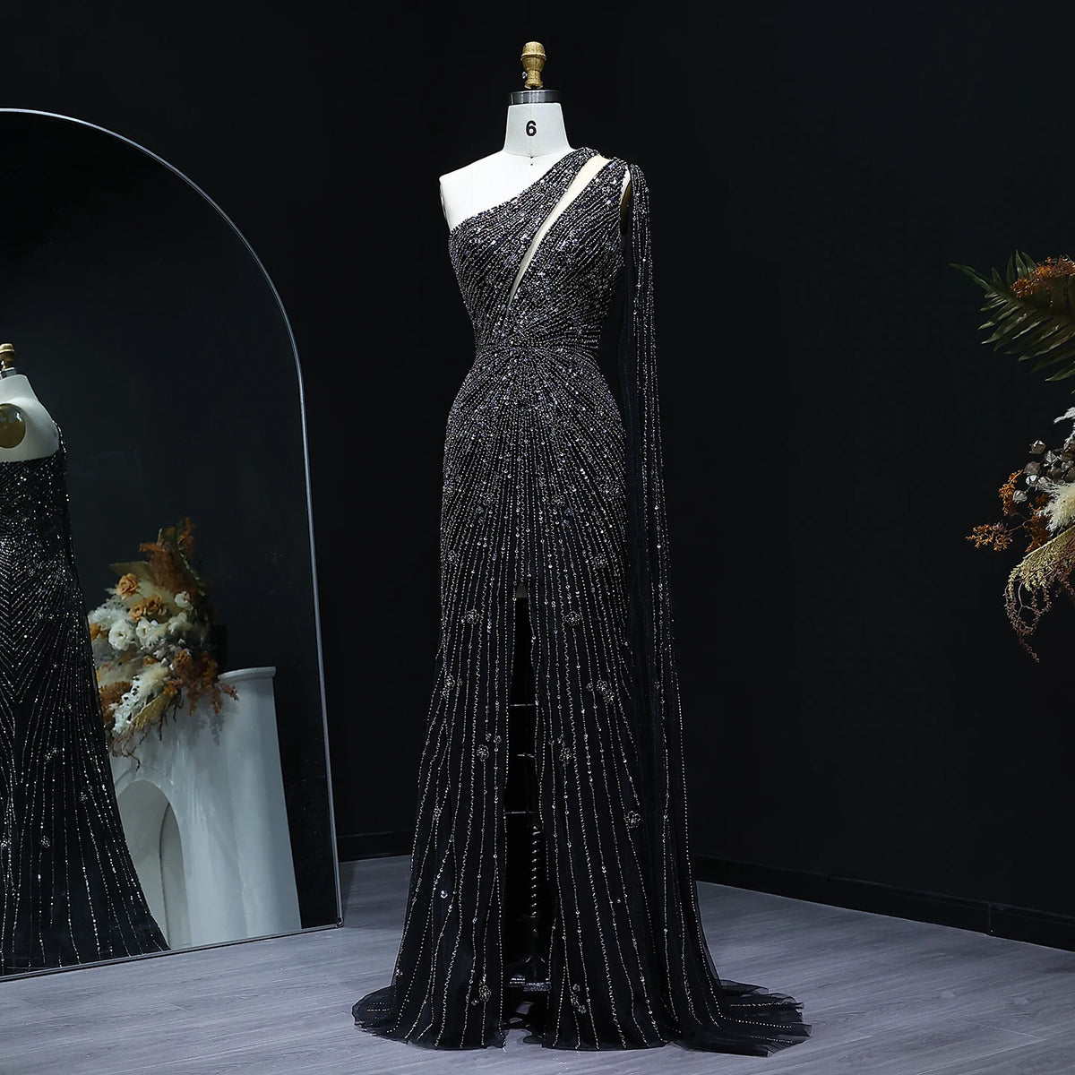 Radiant One-Shoulder Beaded Evening Gown – Elegant Slit Formal Dress