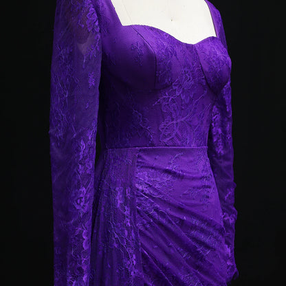 Purple Lace Pleated with Long Sleeves Side Slit