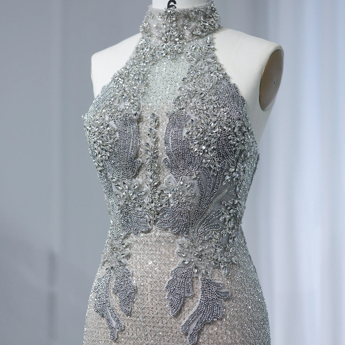 Halter Silver Nude Beaded Luxury Evening Dress