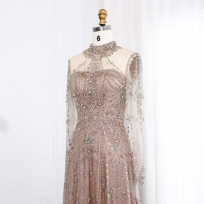 Blue Long Sleeves High Neck Luxury Evening Dress