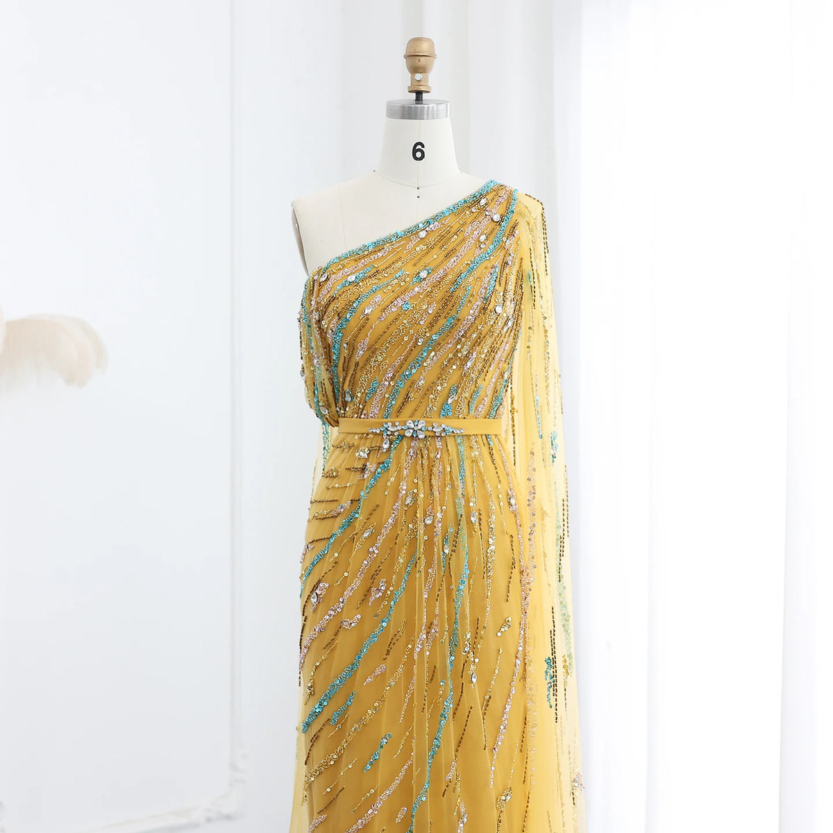 Luxury Gold Yellow Evening Dress with Cape One Shoulder
