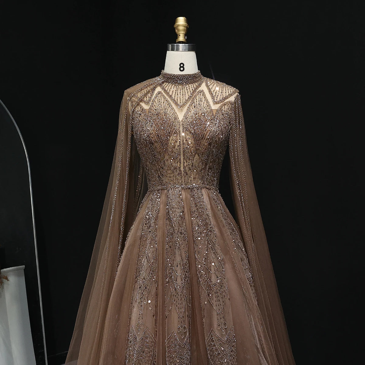 Luxury Evening Dress with Cape Sleeves Brown
