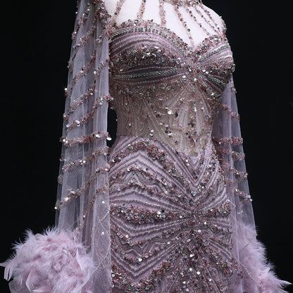 Luxury Caramel Beaded Mermaid Evening Dress with Feather Cape Sleeves