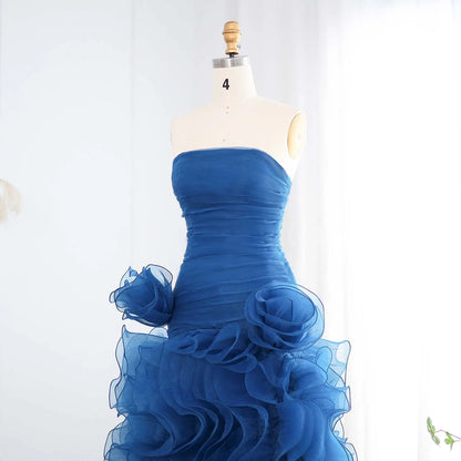 Blue Strapless Princess Evening Dress with Ruffles