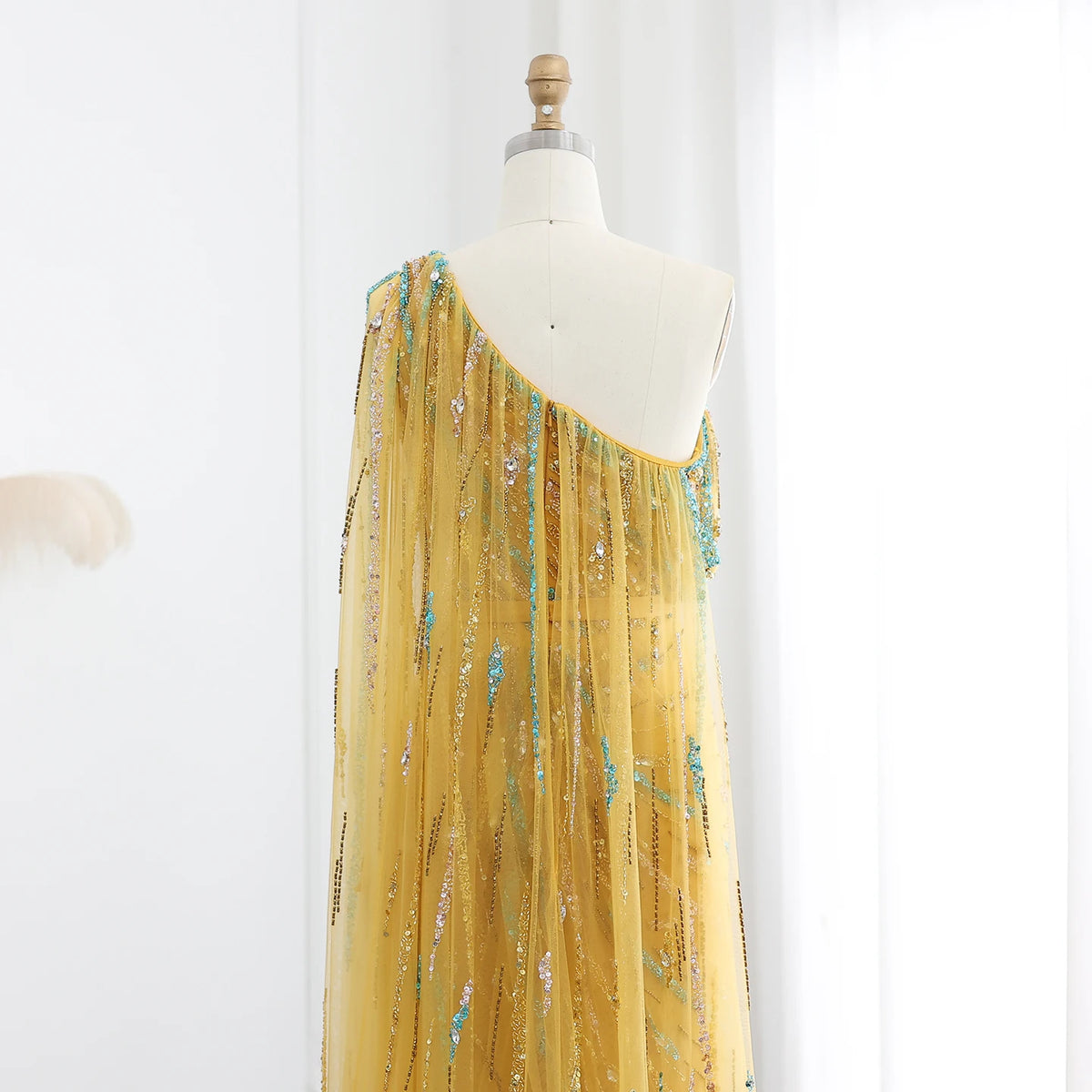 Luxury Gold Yellow Evening Dress with Cape One Shoulder