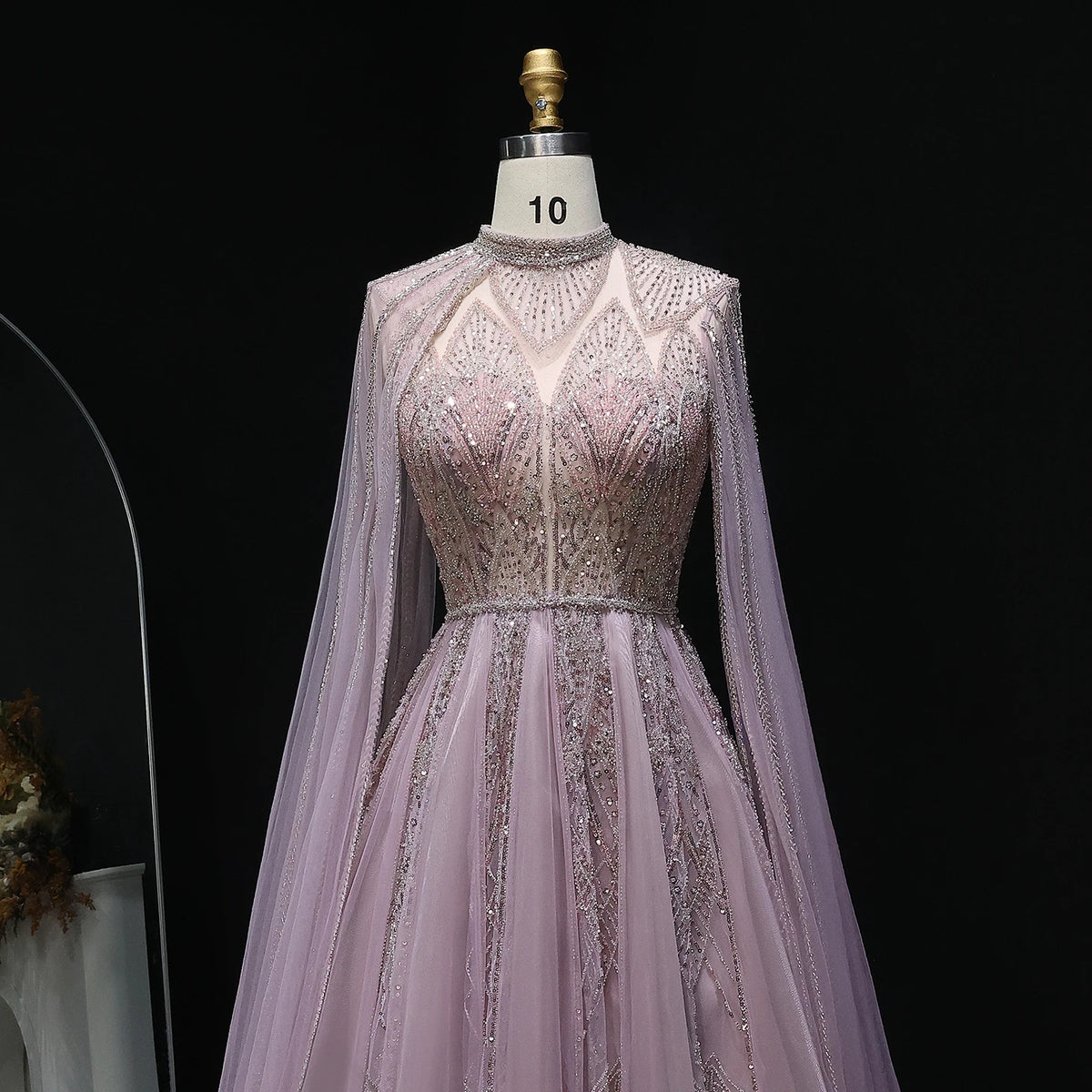 Luxury Evening Dress with Cape Sleeves Brown
