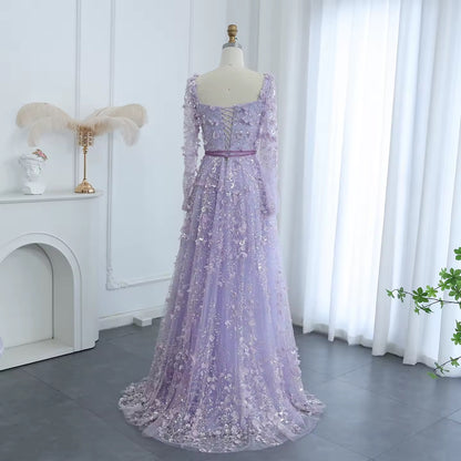 Luxury 3D Flower Long Sleeves Evening Dress