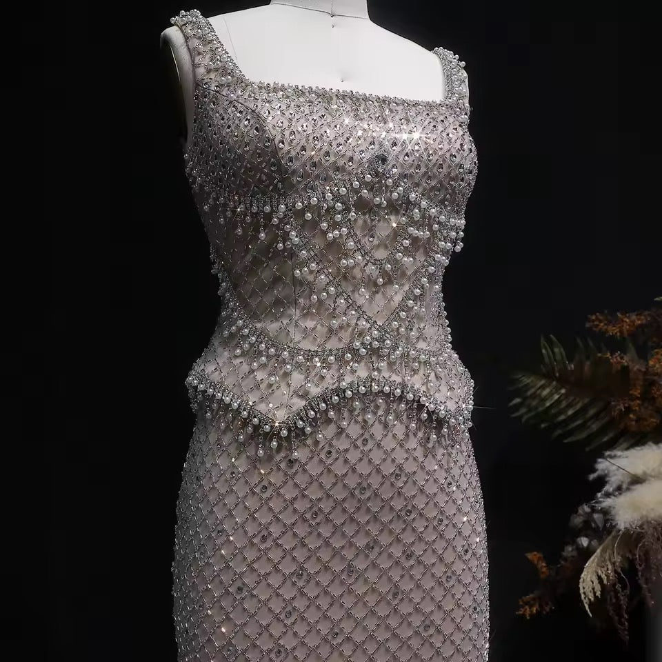 Luxury Beaded Crystal Long Straight Evening Dress