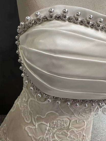 Pearl-Trimmed Strapless Gown with Lace Appliqué & Satin Panels