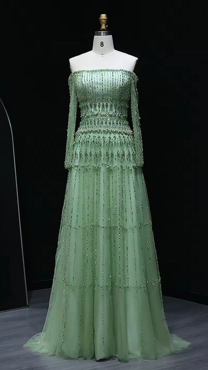 Luxury Beaded Sage Green A-Line Off Shoulder Evening Dress