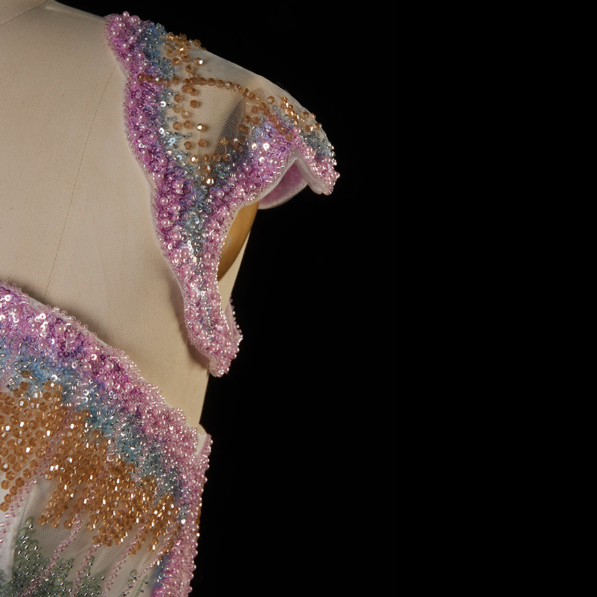 Pastel Sequin Embroidered Cloche Evening Gown with Cap Sleeves