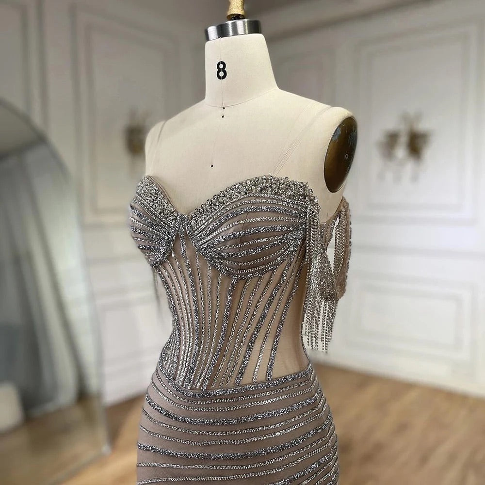 Luxury Silver Nude Mermaid Evening Dress
