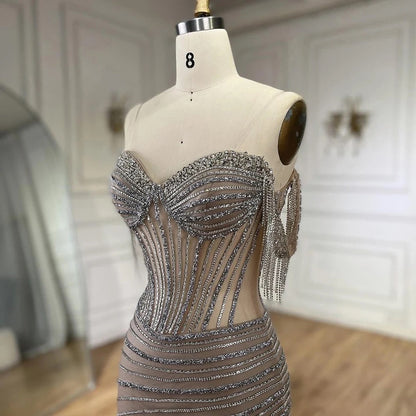 Luxury Silver Nude Mermaid Evening Dress