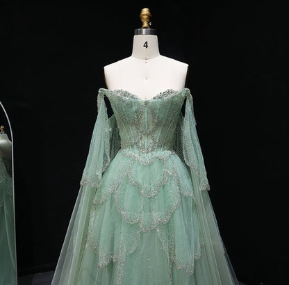 ‏Luxury Sage Green Off-Shoulder Evening Gown with Cape Sleeves